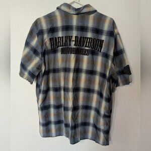 Harley Davidson Size Large Men’s Button Up Down Blue Tan Plaid Shirt Pre Owned